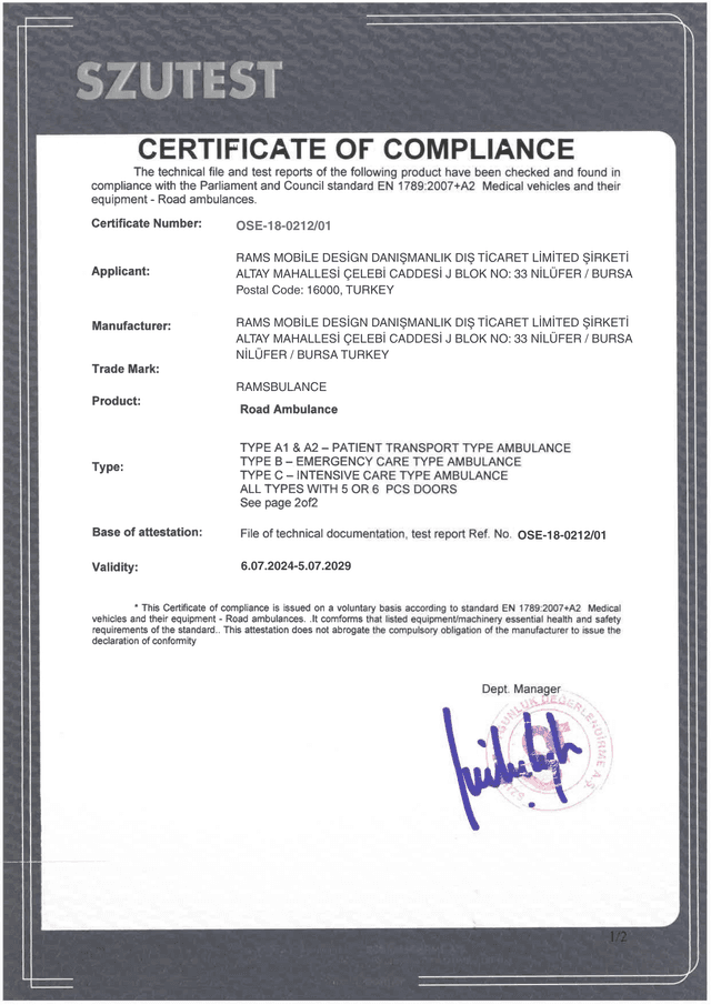 Certificate of Compliance — Road Ambulances