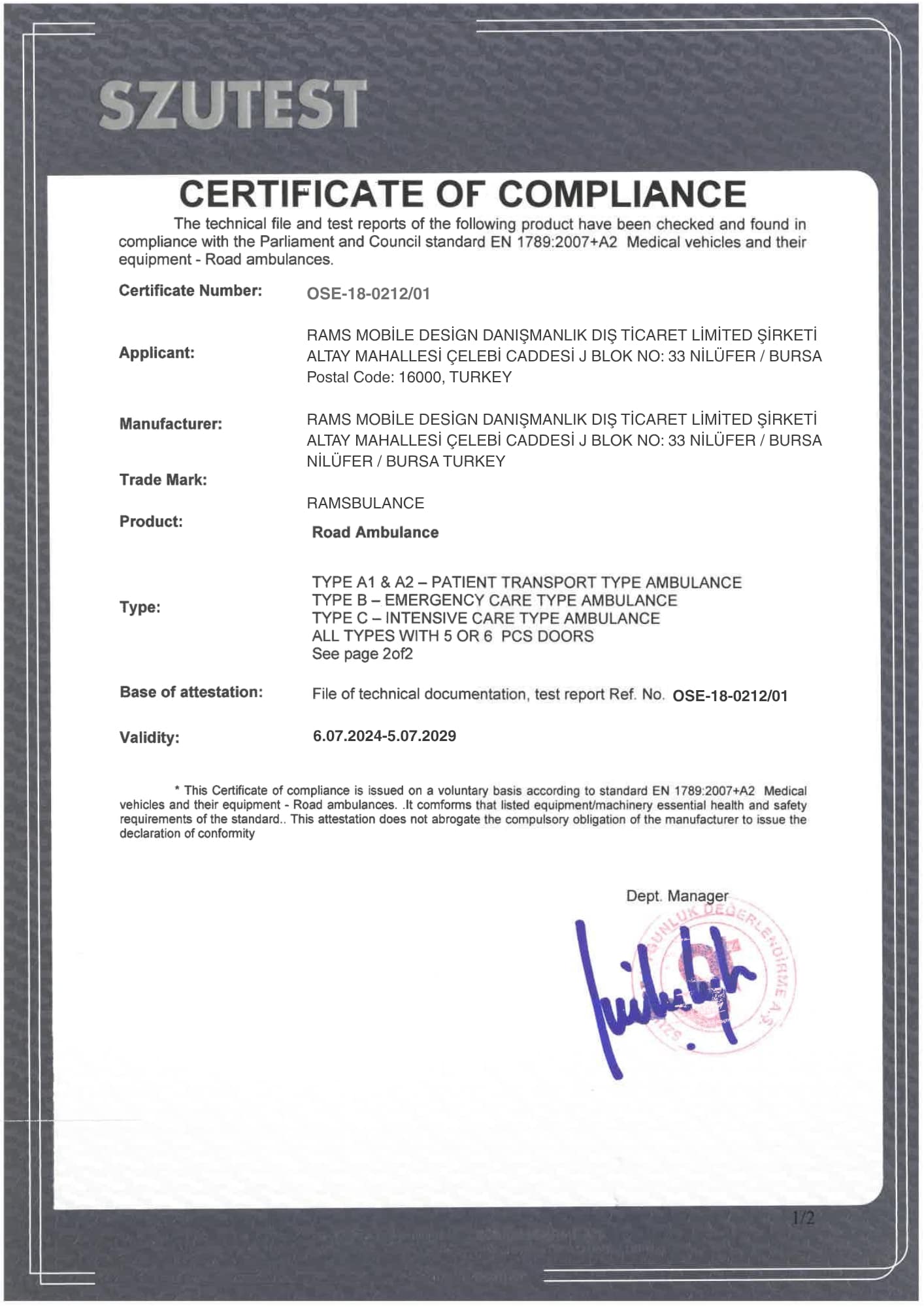 EN 1789 Certificate