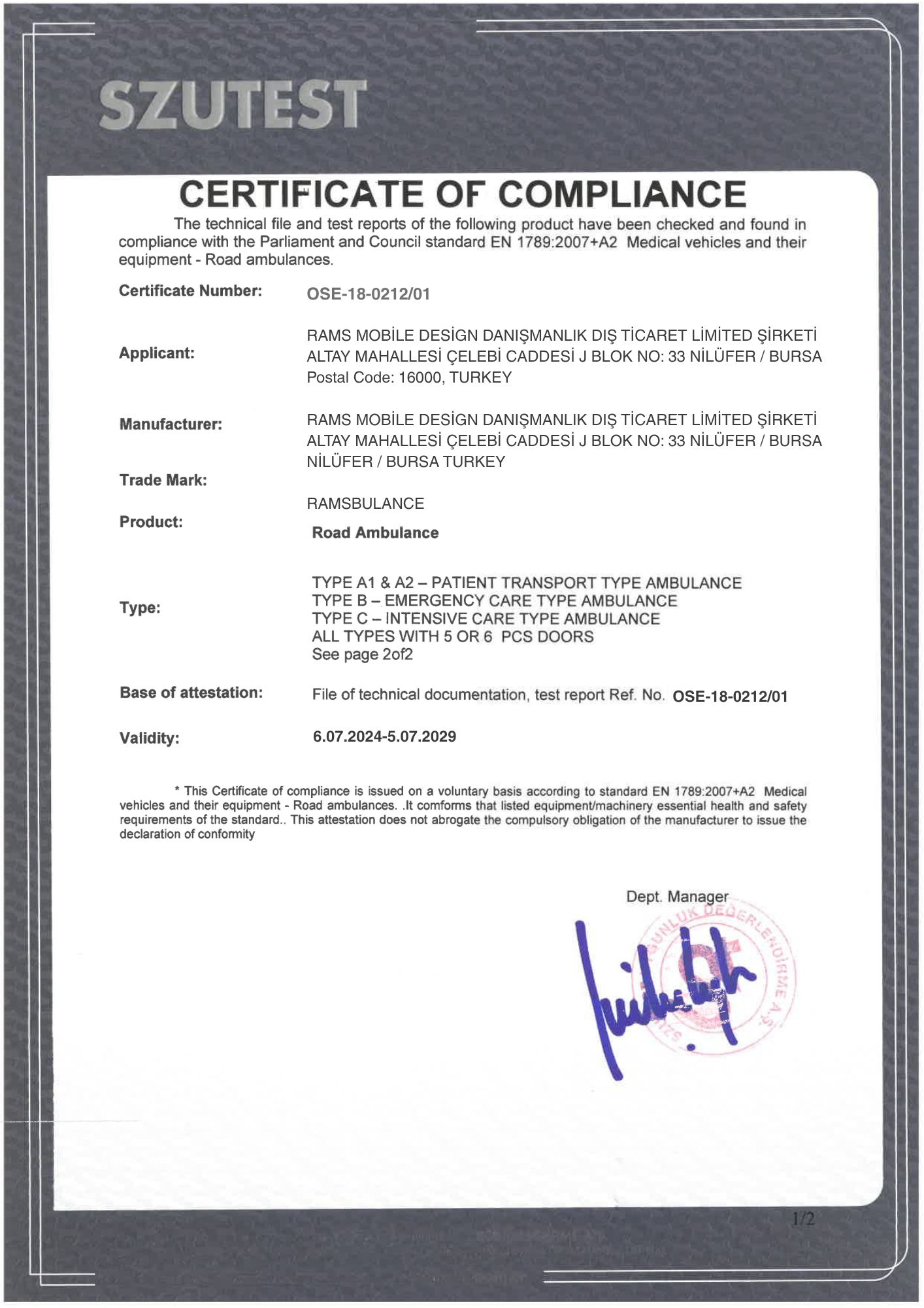 EN 1789 Certificate